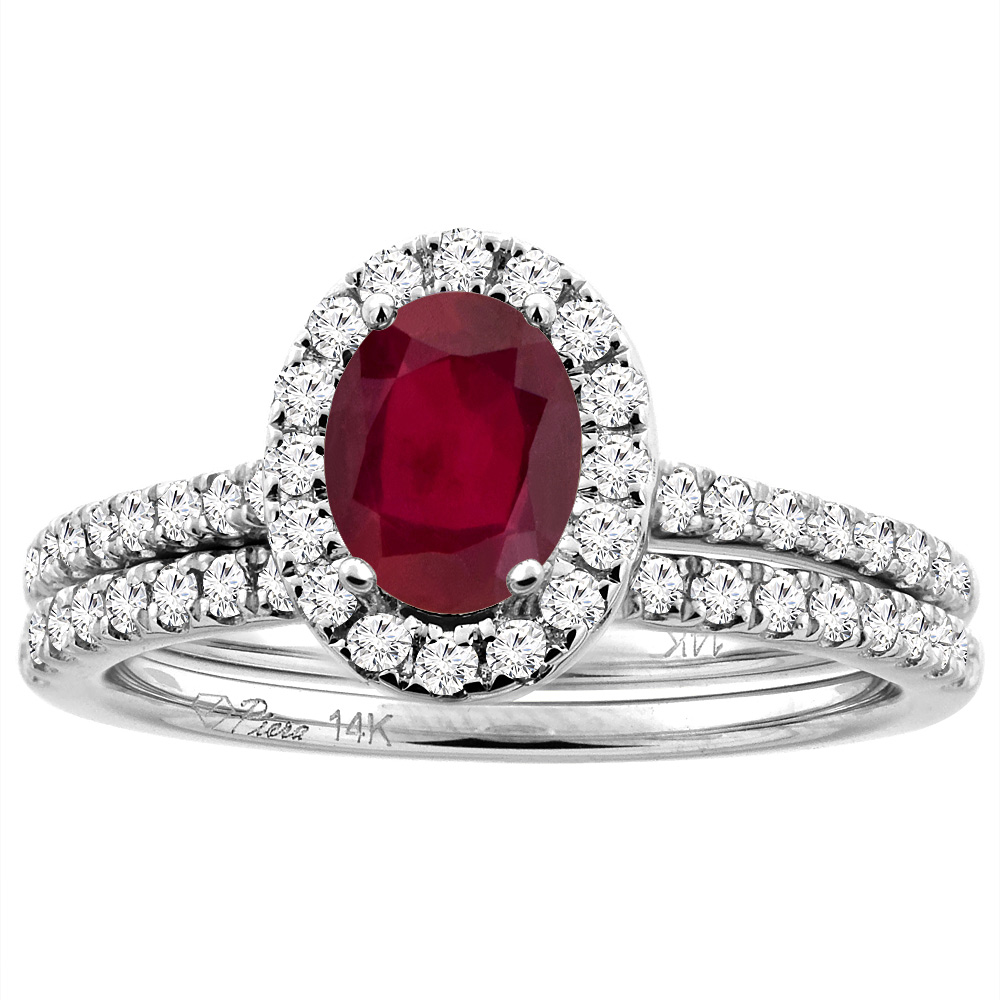 14K White/Yellow Gold Diamond Halo Natural Quality Ruby 2pc Engagement Ring Set Oval 7x5 mm, size 5-10