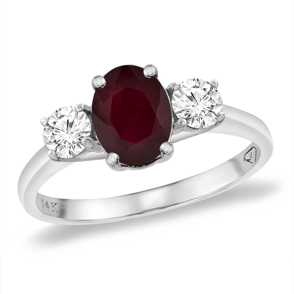 14K White Gold Natural Ruby & 2pc. Diamond Engagement Ring Oval 8x6 mm, sizes 5 -10