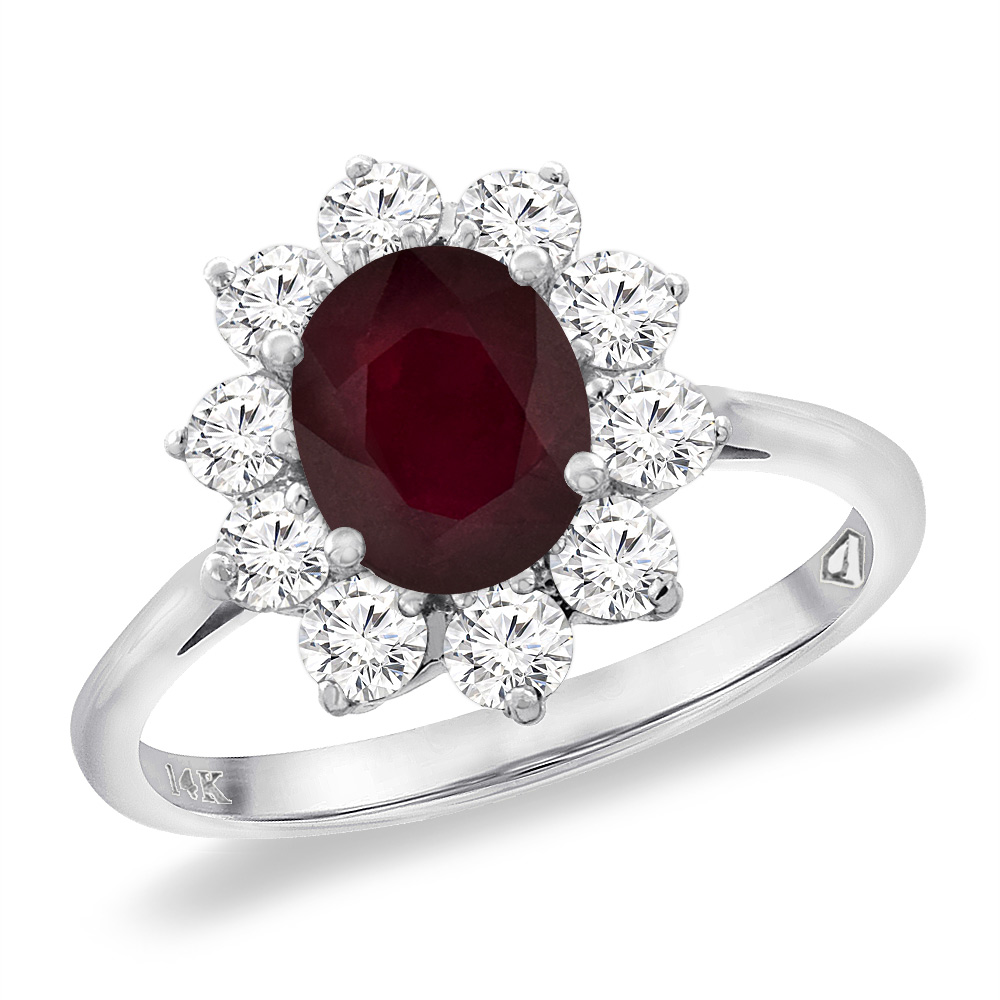 14K White Gold Diamond Natural Quality Ruby Engagement Ring Oval 8x6 mm, size 5 -10