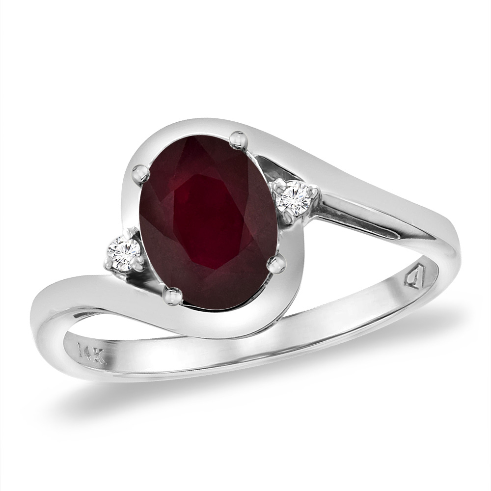 14K White Gold Diamond Genuine Natural Ruby Bypass Engagement Ring Oval 8x6 mm, sizes 5 -10