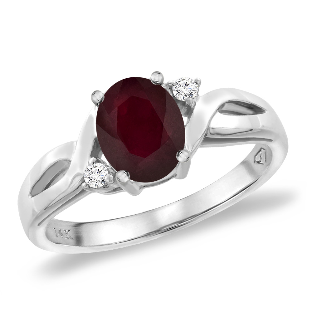 14K White Gold Diamond Genuine Natural Ruby Engagement Ring Oval 8x6 mm, sizes 5 -10