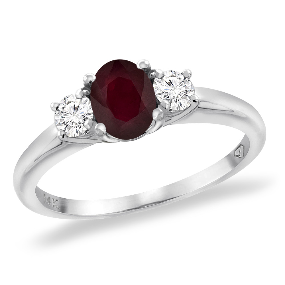 14K White Gold Genuine Natural Ruby Engagement Ring Diamond Accents Oval 7x5 mm, sizes 5 -10