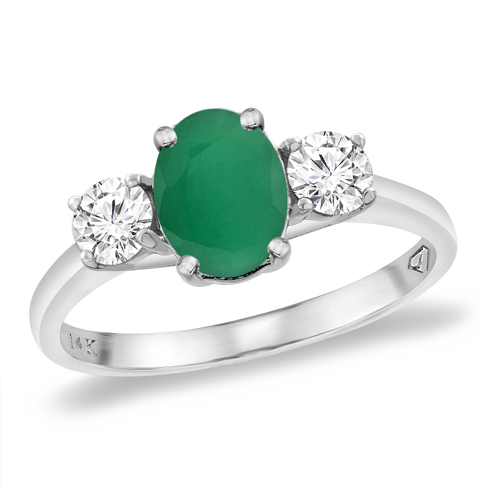 14K White Gold Natural Quality Emerald & 2pc. Diamond Engagement Ring Oval 8x6 mm, size 5 -10