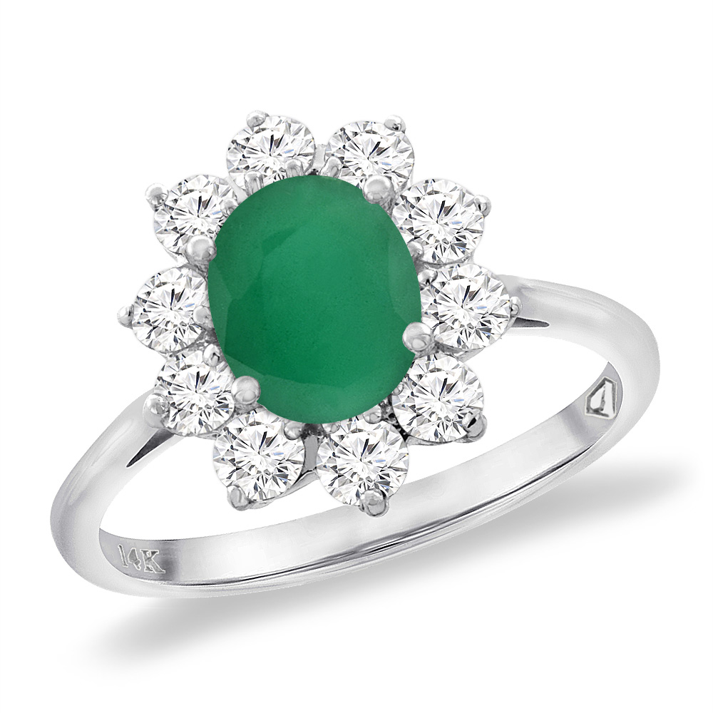 14K White Gold Diamond Natural Quality Emerald Engagement Ring Oval 8x6 mm, size 5 -10
