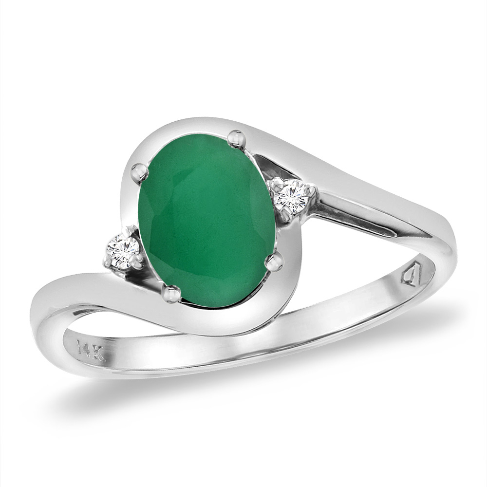 14K White Gold Diamond Natural Quality Emerald Bypass Engagement Ring Oval 8x6 mm, size 5 -10