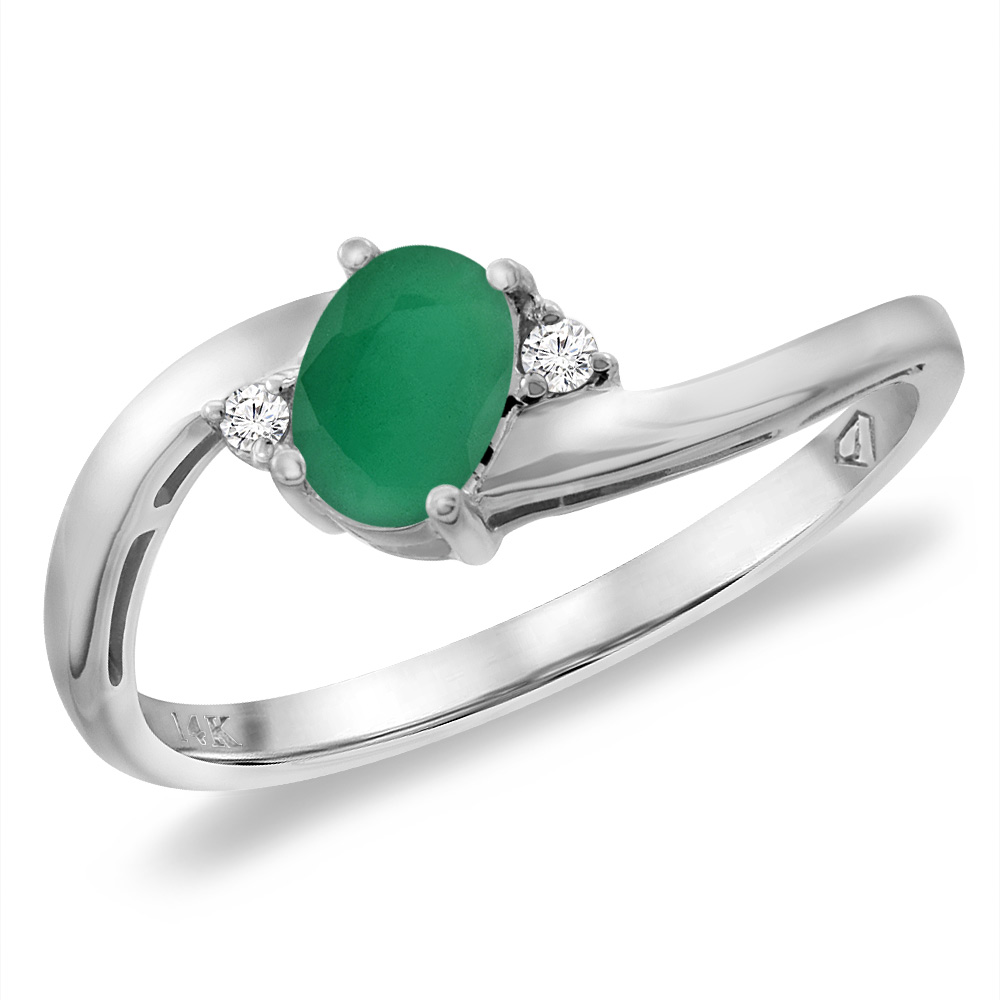 14K White Gold Diamond Natural Quality Emerald Bypass Engagement Ring Oval 6x4 mm, size 5 -10