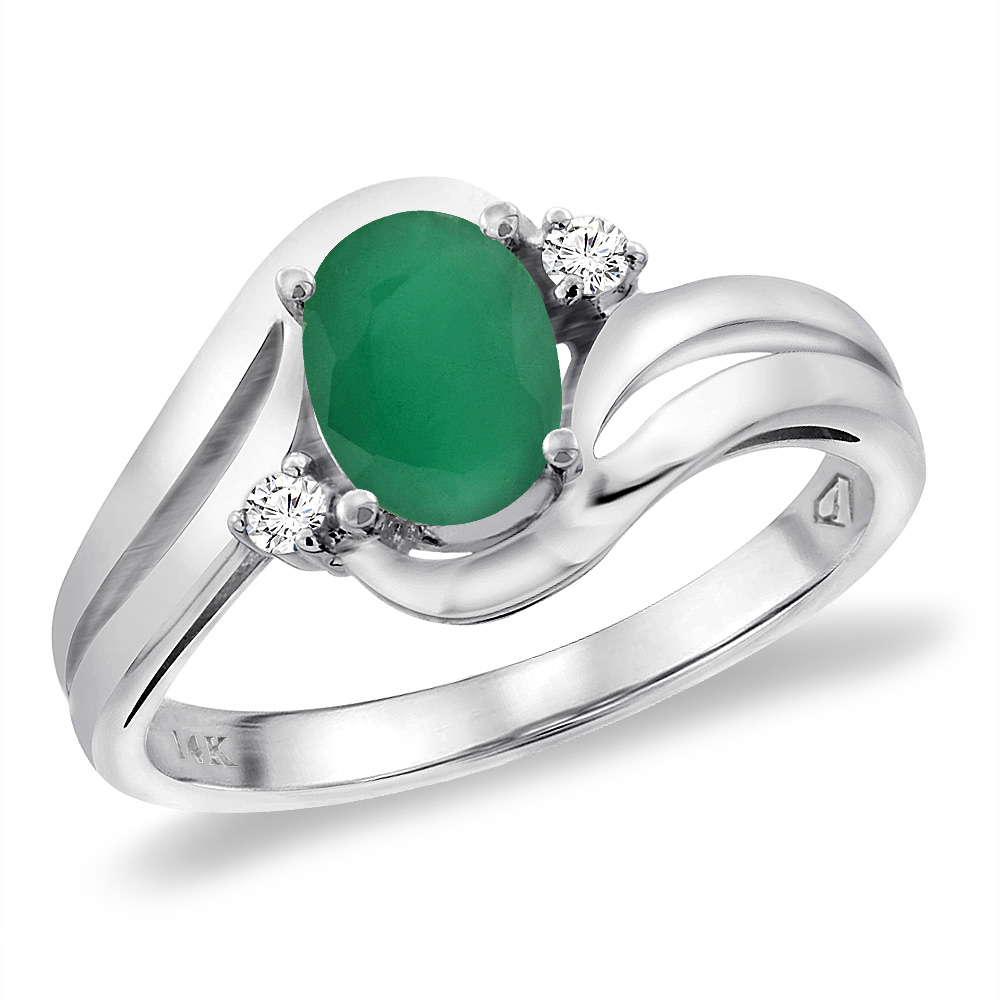 14K White Gold Diamond Natural Quality Emerald Bypass Engagement Ring Oval 8x6 mm, size 5 -10