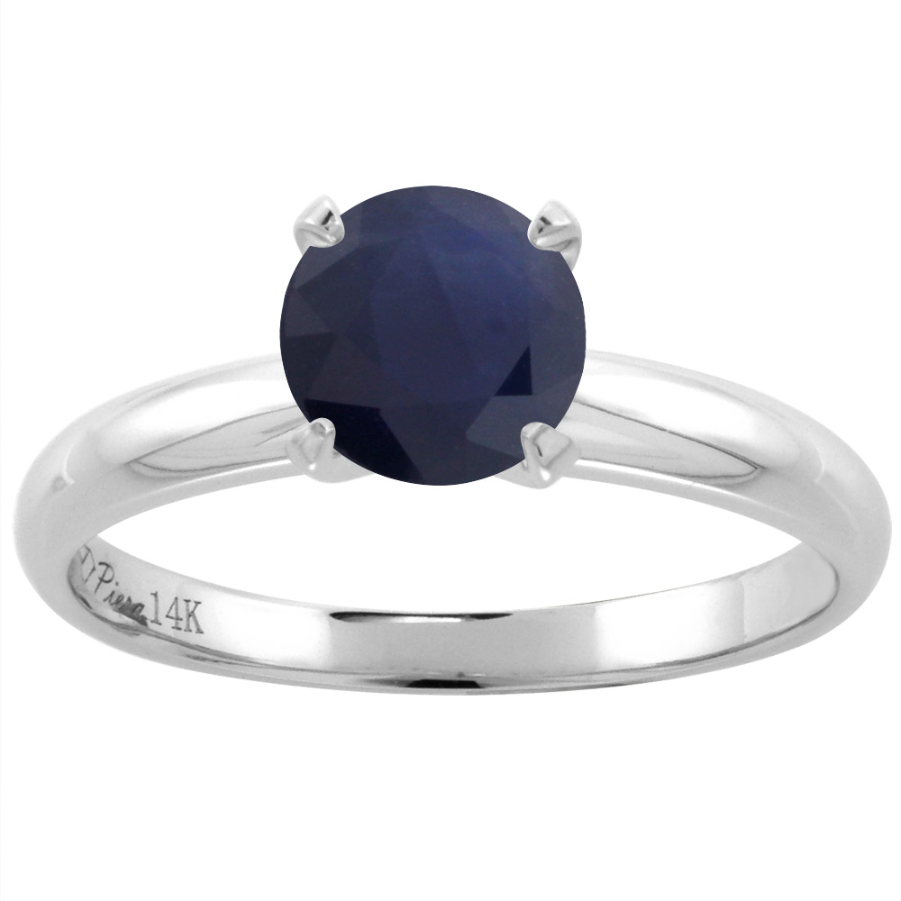 14K White Gold Natural HQ Blue Sapphire Solitaire Engagement Ring Round 7 mm, sizes 5-10
