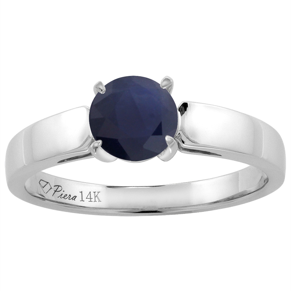 14K White Gold Natural HQ Blue Sapphire Solitaire Engagement Ring Round 7 mm, sizes 5-10