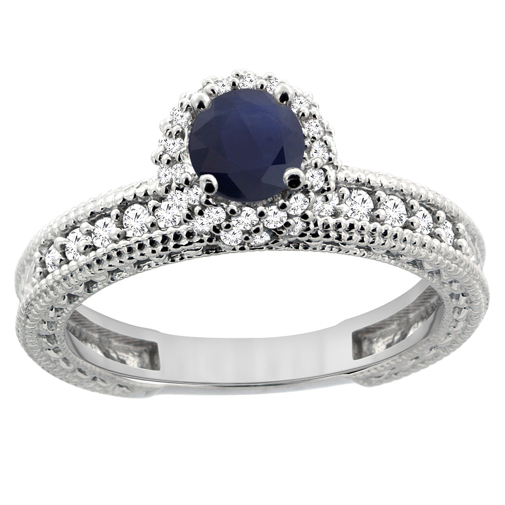 14K White Gold Natural Blue Sapphire Round 5mm Engagement Ring Diamond Accents, sizes 5 - 10