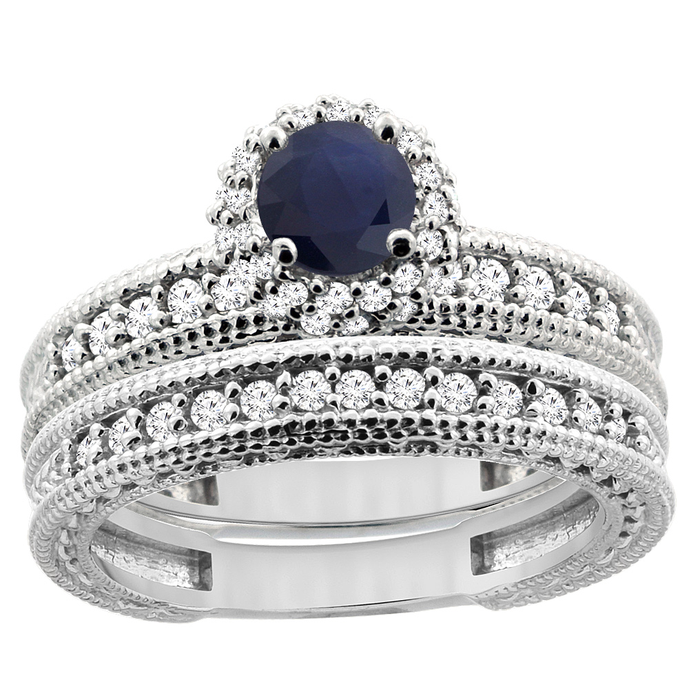 14K White Gold Diamond Natural Blue Sapphire Round 4mm Engagement Ring 2-piece Set, sizes 5 - 10