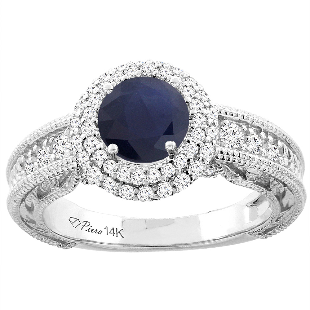 14K Yellow Gold Natural Blue Sapphire &amp; Diamond Halo Ring Round 6 mm, sizes 5-10