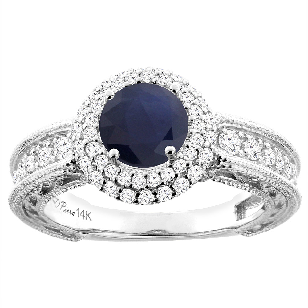 14K White Gold Natural Quality Blue Sapphire &amp; Diamond Halo Engagement Ring Round 6 mm, size 5-10
