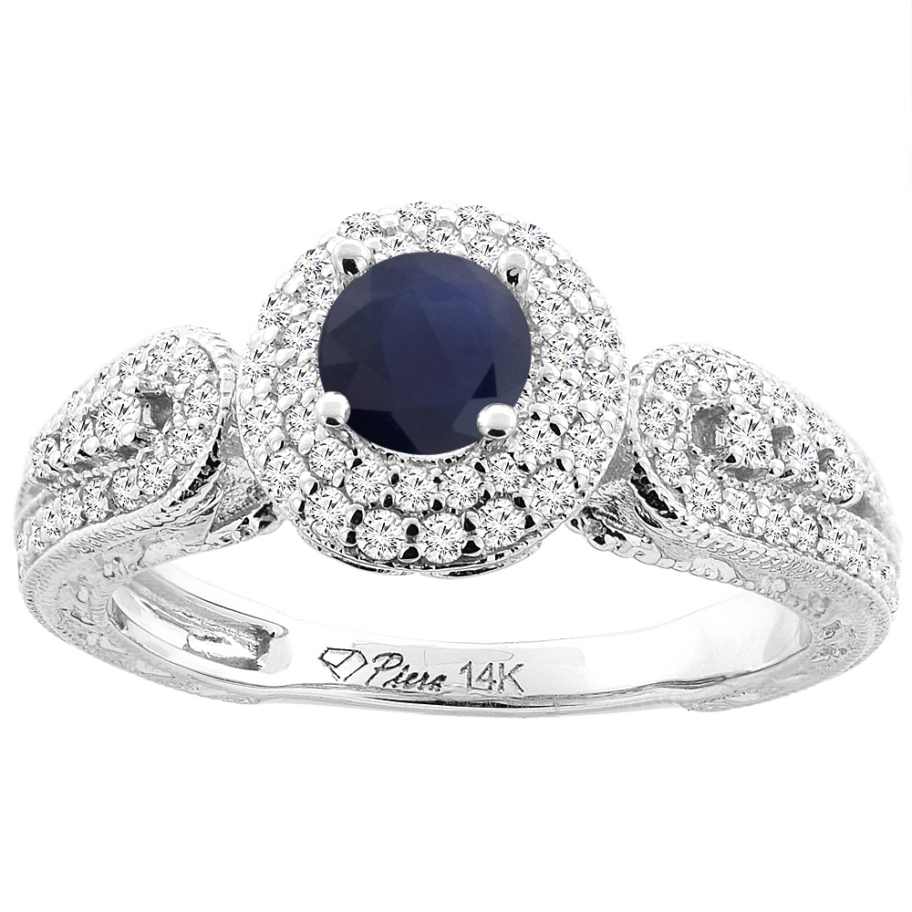 14K White Gold Natural Quality Blue Sapphire &amp; Diamond Halo Engagement Ring Round 5 mm, size 5-10