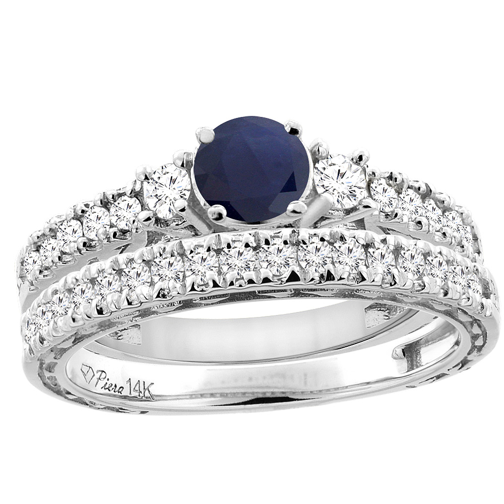 14K White Gold Diamond Natural Quality Blue Sapphire 2pc Engagement Ring Set Engraved Round 6mm, size5-10