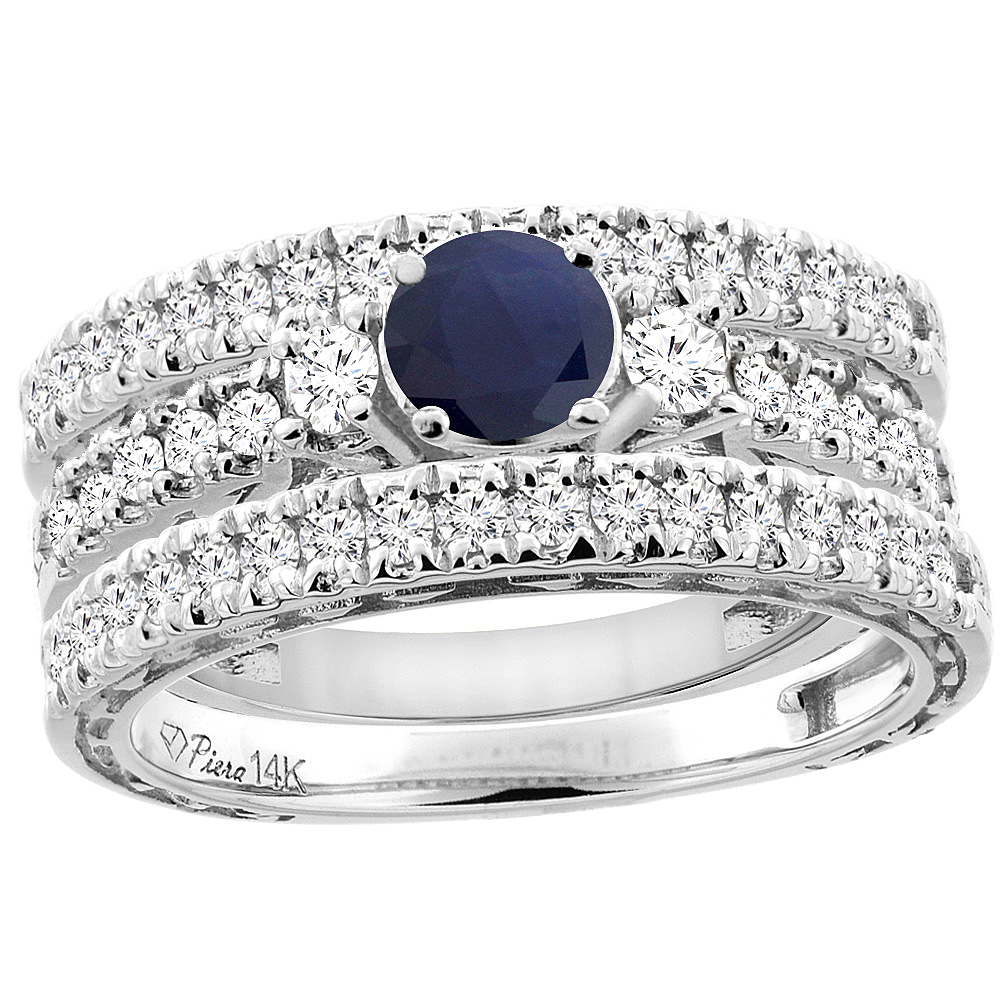 14K White Gold Diamond Natural Quality Blue Sapphire 3pc Engagement Ring Set Engraved Round 6mm, size5-10