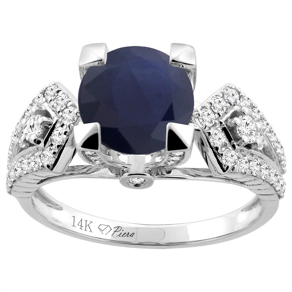14K Gold Diamond Natural Quality Blue Sapphire Engagement Ring Round 7 mm, size 5 - 10