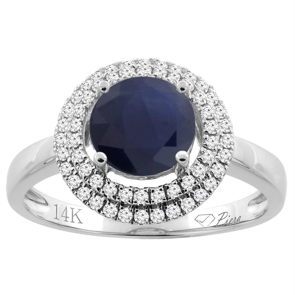 14K Gold Diamond Double Halo Natural Quality Blue Sapphire Engagement Ring Round 7 mm, size 5 - 10