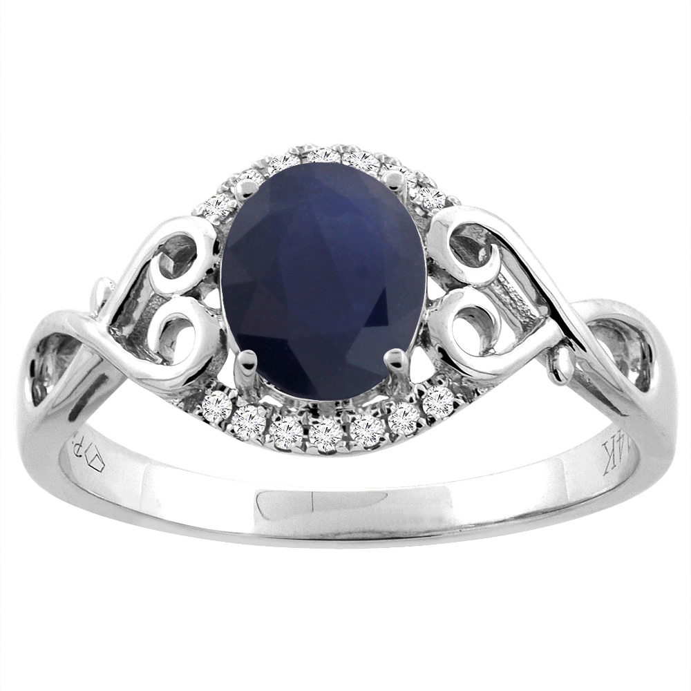 14K Gold Natural Quality Blue Sapphire Engagement Ring Oval 8x6 mm Diamond & Heart Accents, size 5 - 10