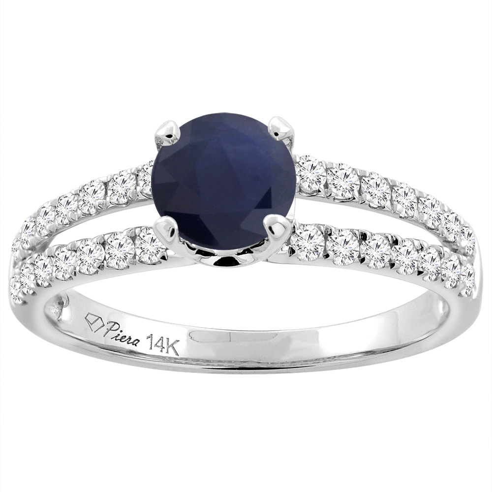 14K White Gold Diamond Natural Quality Blue Sapphire Engagement Engagement Ring Round 6 mm , size5-10