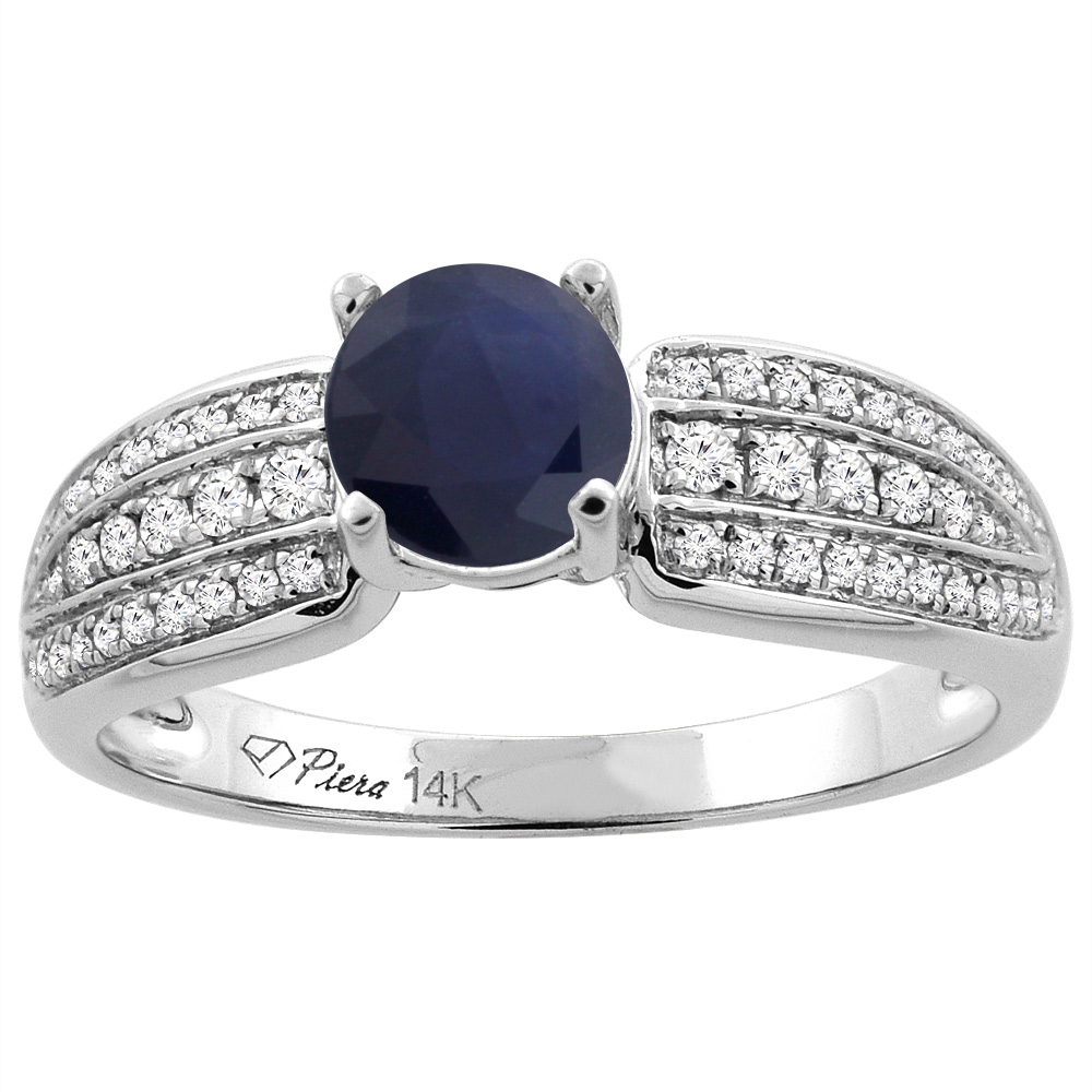 14K White Gold Diamond 3-row Natural Quality Blue Sapphire Engagement Ring Round 6mm, size5-10