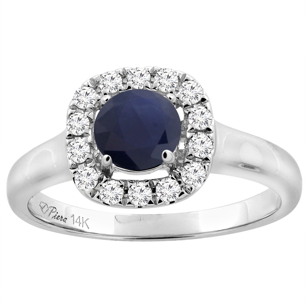 14K White Gold Diamond Natural Quality Blue Sapphire Halo Engagement Ring Round 6 mm, size5-10