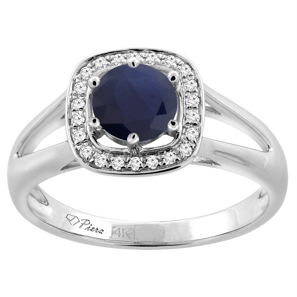 14K White Gold Diamond Halo Natural Quality Blue Sapphire Engagement Ring Round 6 mm, size5-10