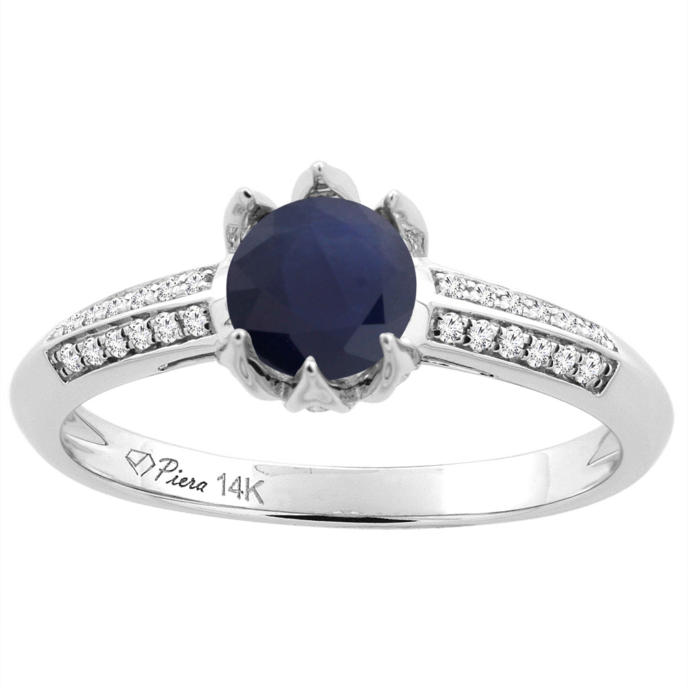 14K White Gold Diamond Natural Quality Blue Sapphire Engagement Ring Round 6 mm, size 5 - 10