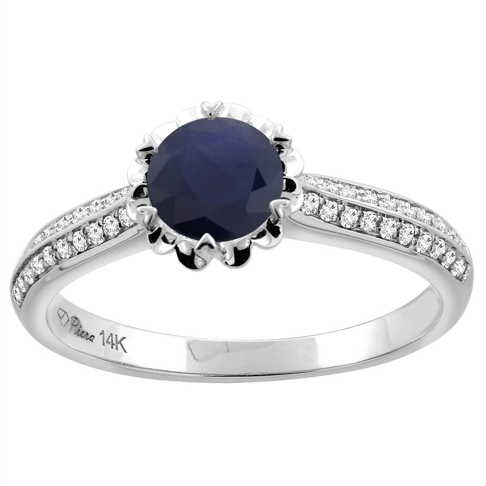 14K White Gold Diamond Natural Quality Blue Sapphire Engagement Ring Round 6 mm, size 5 - 10