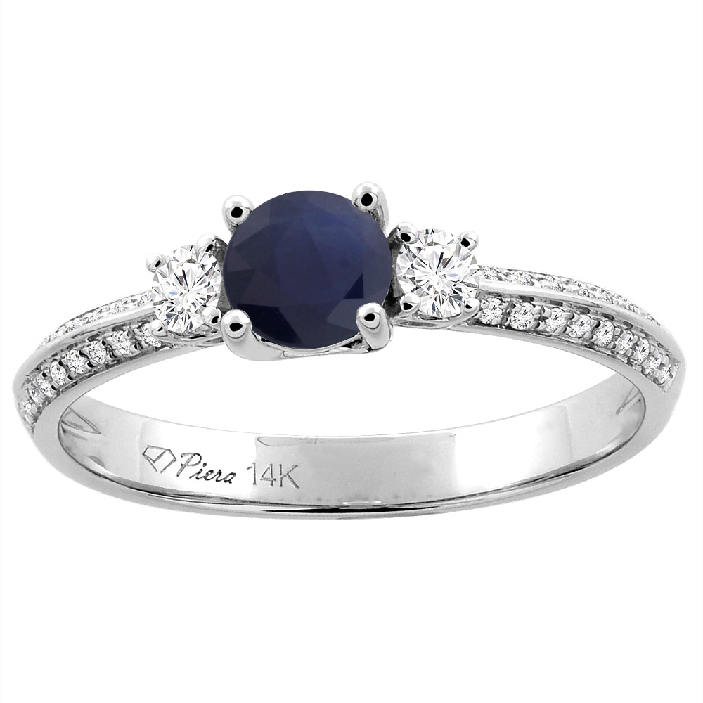 14K White Gold Diamond Natural Quality Blue Sapphire Engagement Ring Round 5 mm, size 5 - 10