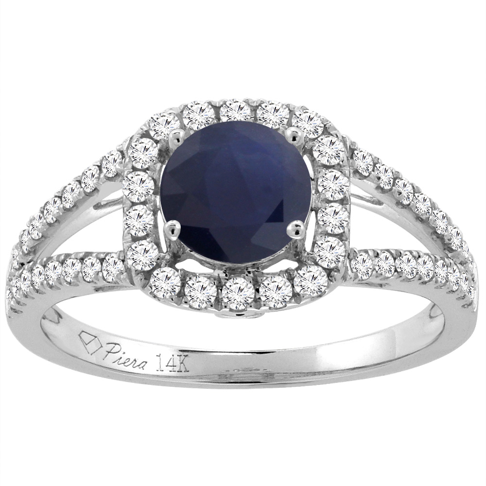 14K White Gold Diamond Halo Natural Quality Blue Sapphire Engagement Ring Round 7 mm, size 5-10