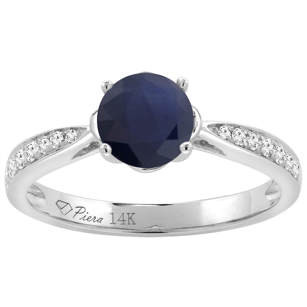 14K Yellow Gold Diamond Natural Quality Blue Sapphire Engagement Ring Round 7 mm, size 5-10
