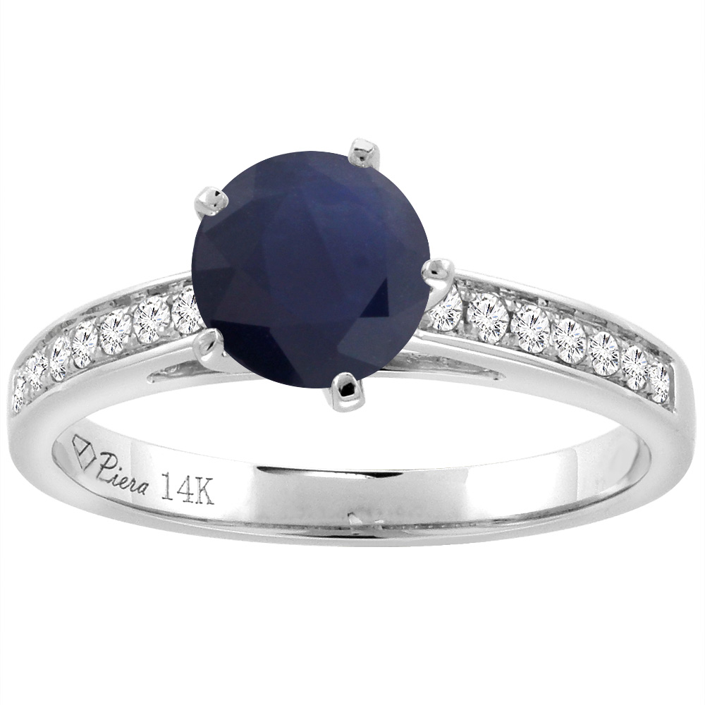 14K White Gold Diamond Natural Quality Blue Sapphire Engagement Ring Round 7 mm, size 5-10