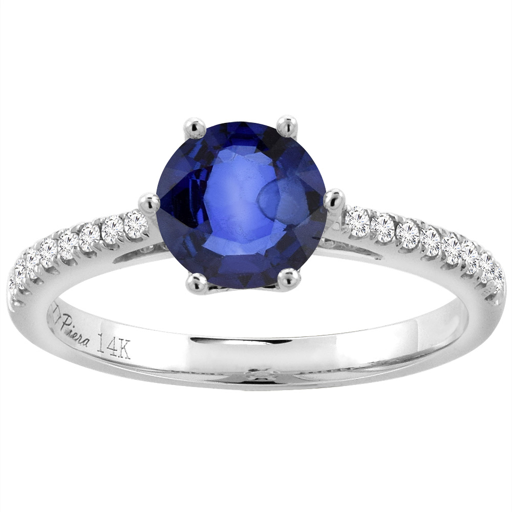14K White Gold Diamond Natural Quality Blue Sapphire Engagement Ring Round 7 mm, size 5-10
