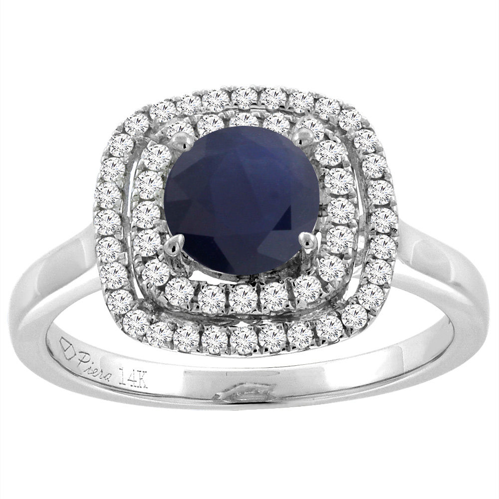 14K White Gold Diamond Double Halo Natural Quality Blue Sapphire Engagement Ring Round 7 mm, size 5-10