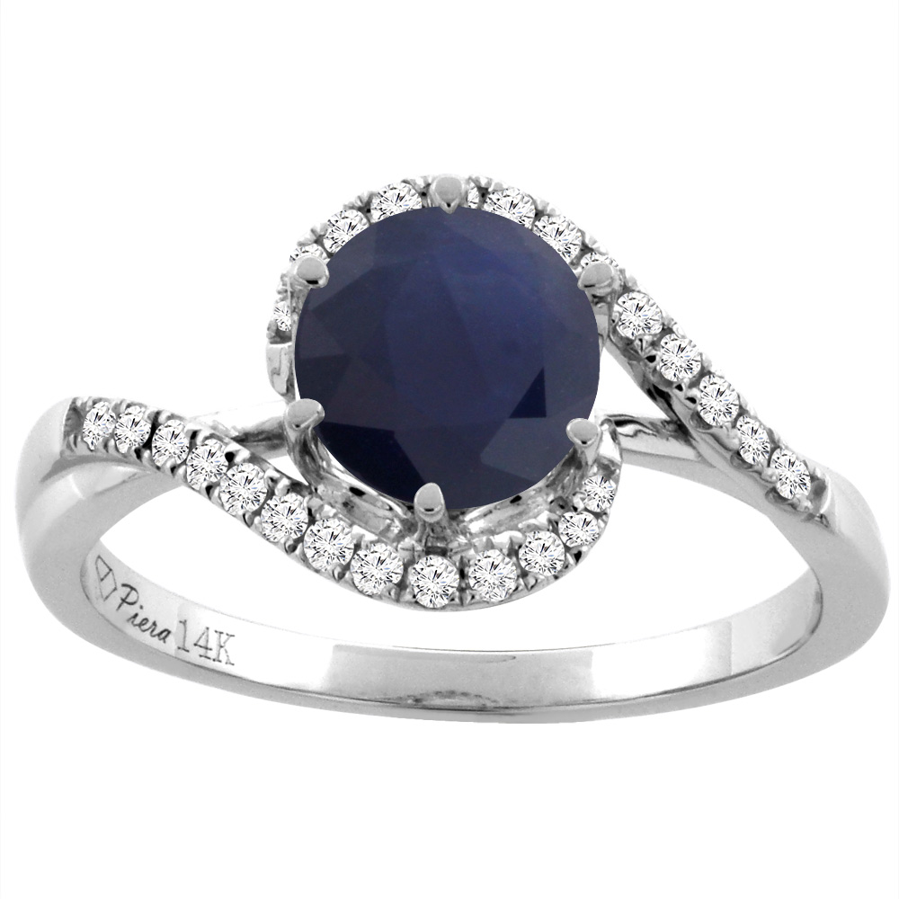 14K White Gold Diamond Natural Quality Blue Sapphire Bypass Engagement Ring Round 7 mm, size 5-10