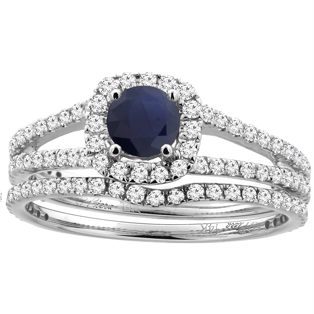 14K White Gold Diamond Halo Natural Quality Blue Sapphire 2pc Engagement Ring Set Round 5 mm, size 5-10