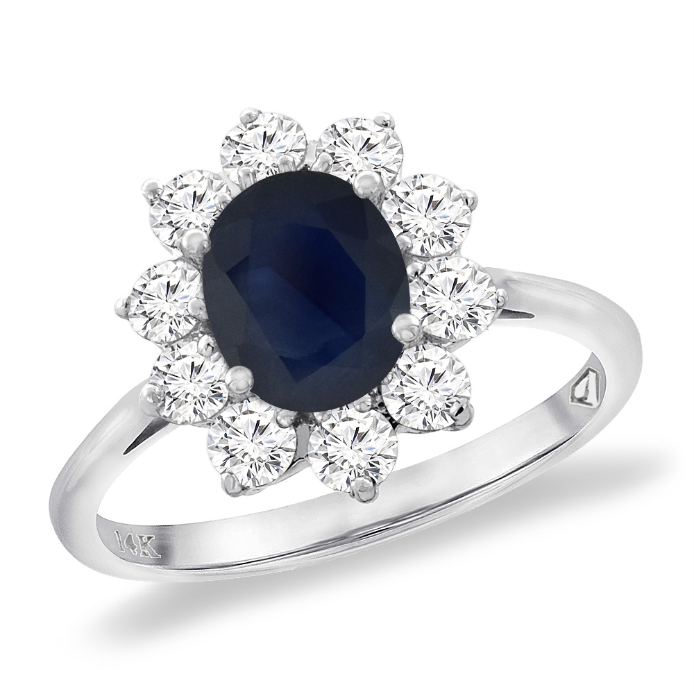 14K White Gold Diamond Natural Quality Blue Sapphire Engagement Ring Oval 8x6 mm, size 5 -10