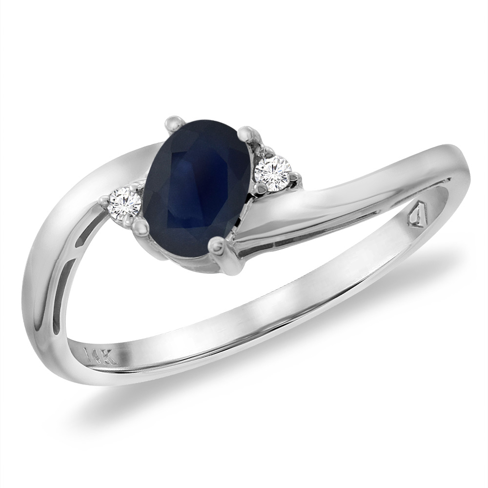 14K White Gold Diamond Natural Quality Blue Sapphire Bypass Engagement Ring Oval 6x4 mm, size 5 -10