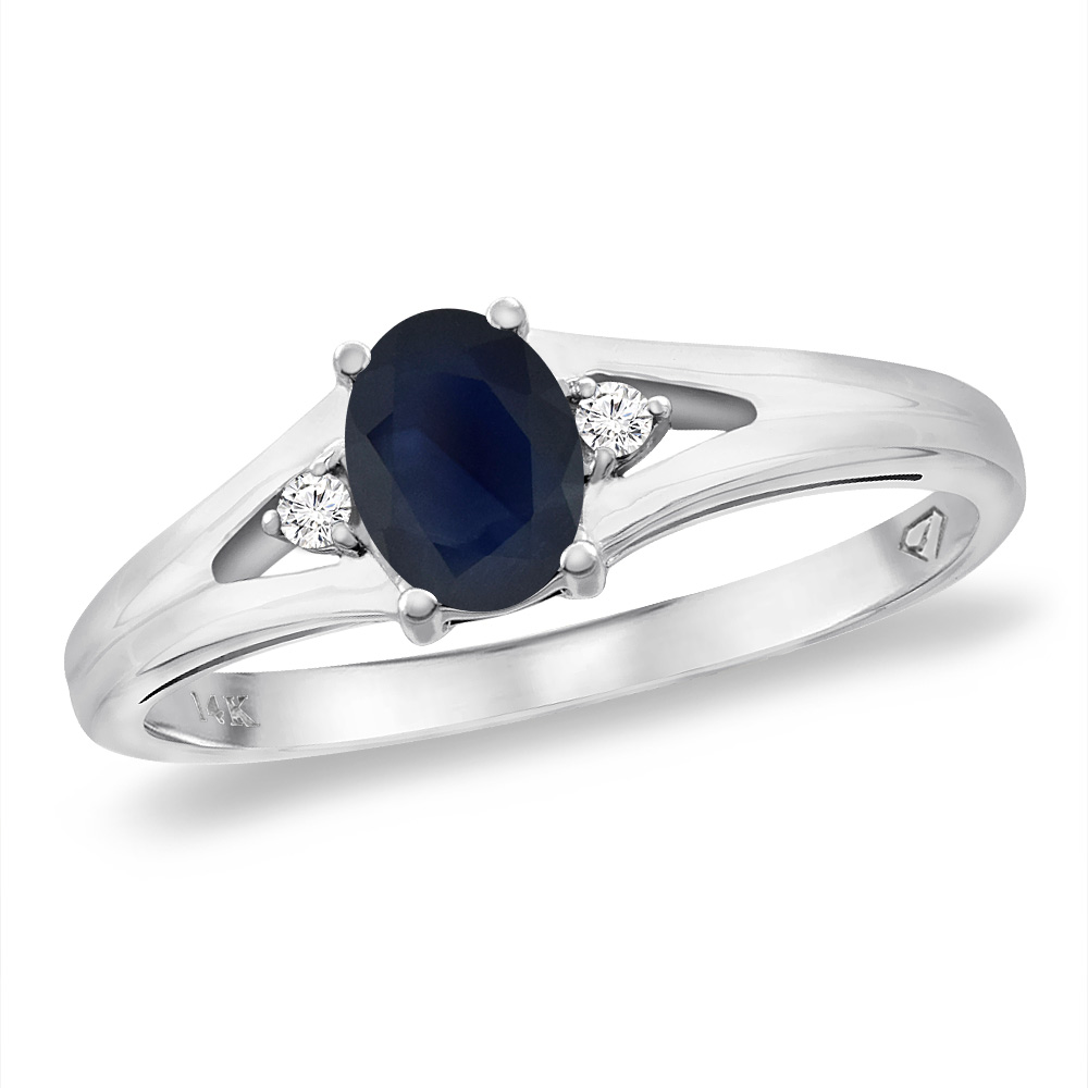 14K White Gold Diamond Natural Quality Blue Sapphire Engagement Ring Oval 6x4 mm, size 5 -10