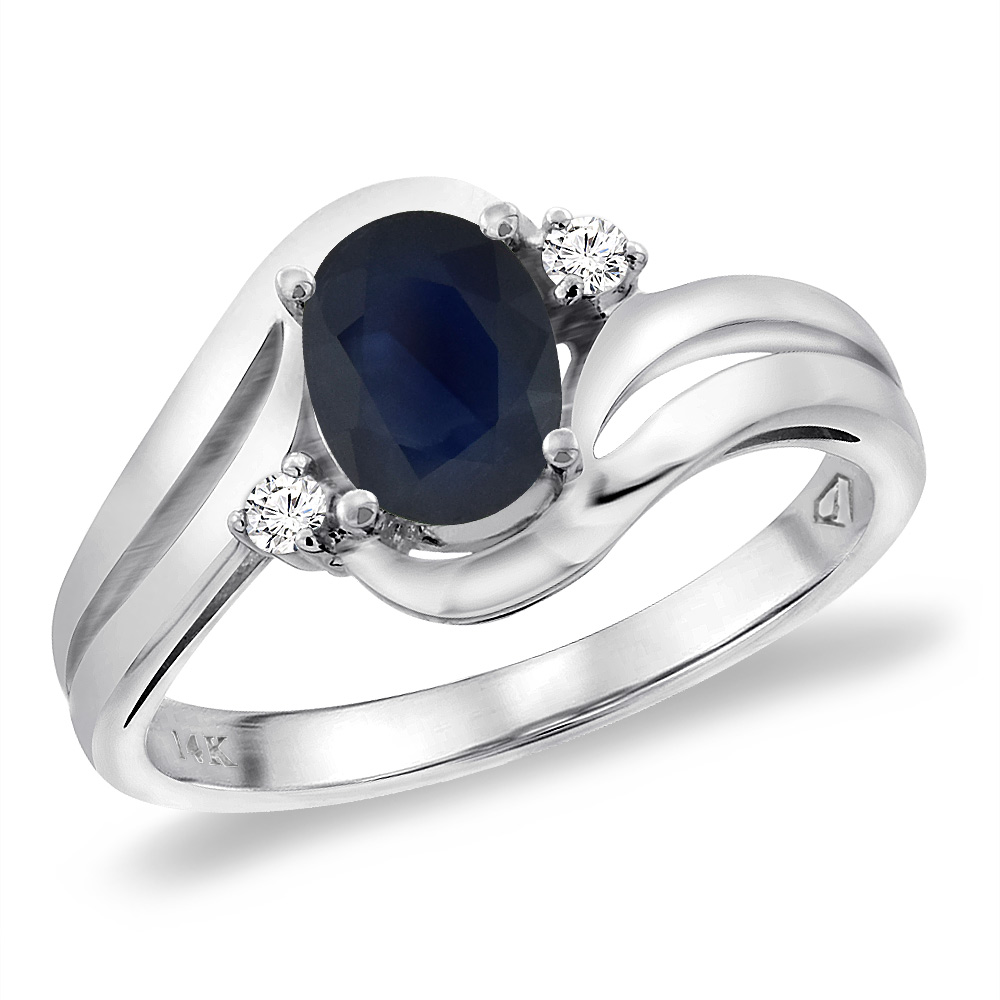 14K White Gold Diamond Natural Quality Blue Sapphire Bypass Engagement Ring Oval 8x6 mm, size 5 -10