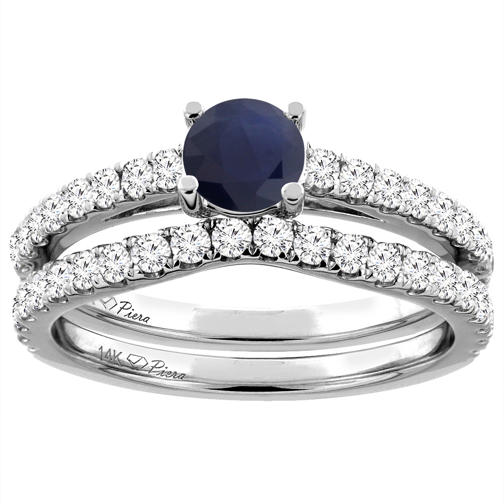 14K White Gold Diamond Natural quality Blue Sapphire Engagement Bridal Ring Set Round 6 mm, sizes 5-10
