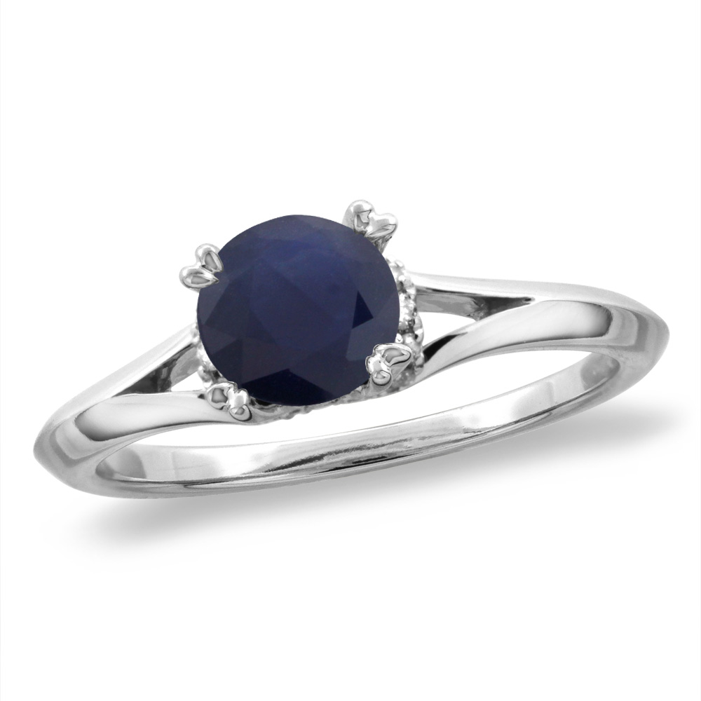 14K White/Yellow Gold Diamond Natural Quality Blue Sapphire Solitaire Engagement Ring Round 6 mm, sz 5-10
