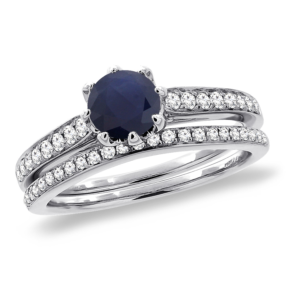 14K White Gold Diamond Natural Quality Blue Sapphire 2pc Engagement Ring Set Round 5 mm, sizes 5-10