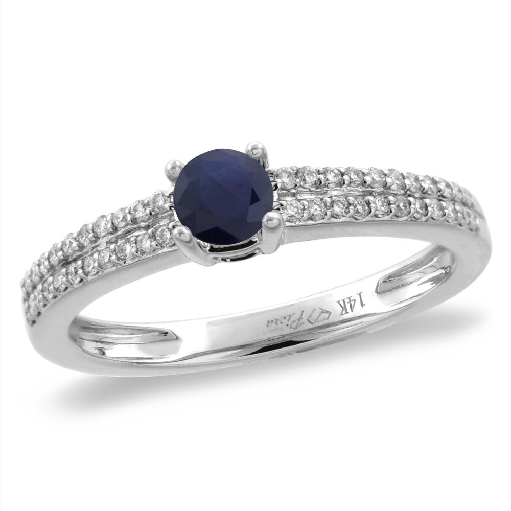 14K White/Yellow Gold Diamond Natural quality Blue Sapphire Engagement Ring Round 5 mm, sizes 5-10