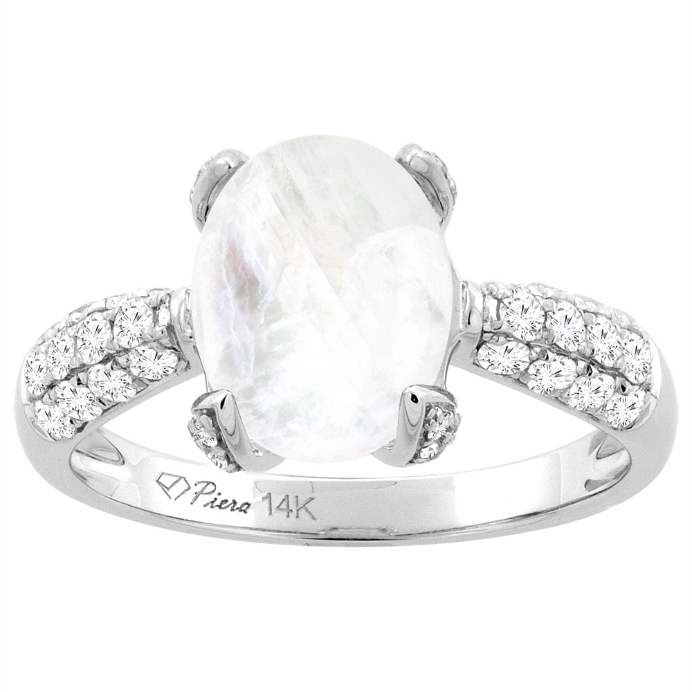 14K White Gold Natural Rainbow Moonstone Engagement Ring Oval 18x13 mm & Diamond Accents, sizes 5 - 10