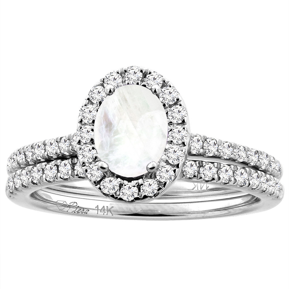 14K White/Yellow Gold Diamond Halo Natural Rainbow Moonstone 2pc Engagement Ring Set Oval 7x5 mm,sizes 5-10