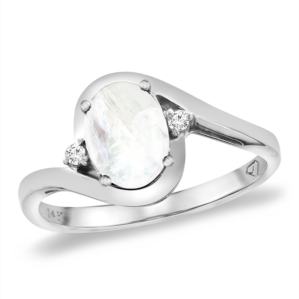 14K White Gold Diamond Natural Rainbow Moonstone Bypass Engagement Ring Oval 8x6 mm, sizes 5 -10