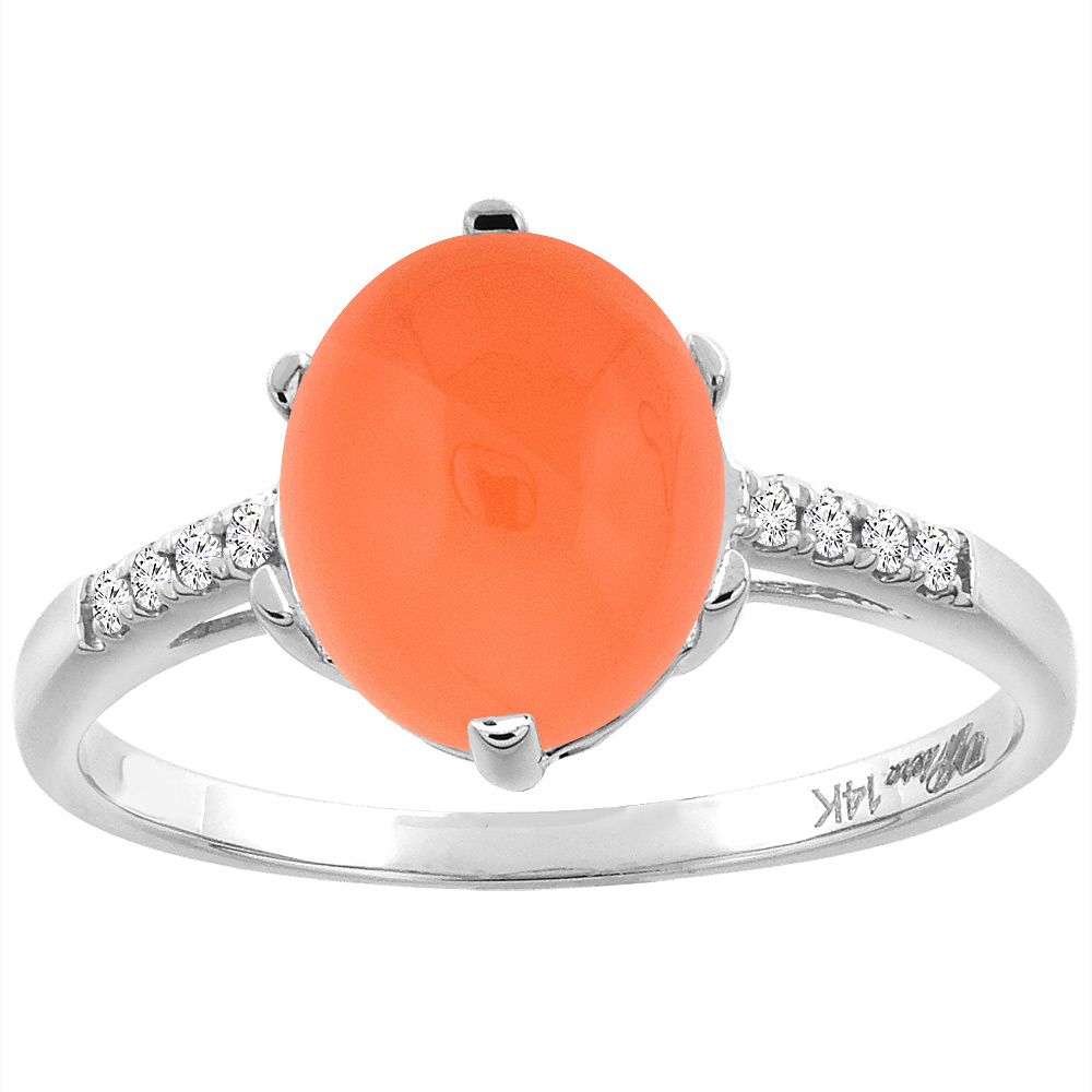 14K White Gold Natural Orange Moonstone & Diamond Ring Oval 10x8 mm, sizes 5-10