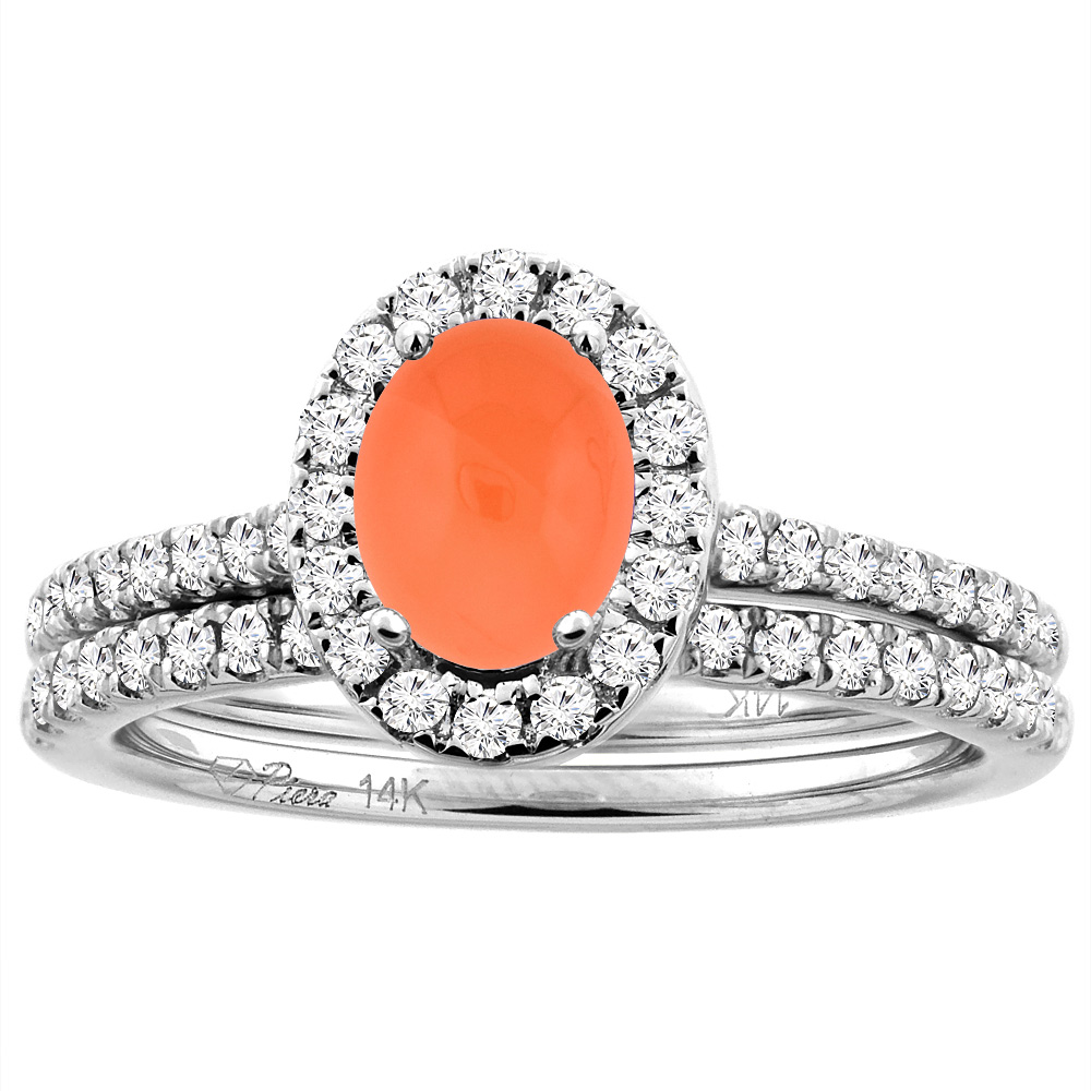 14K White/Yellow Gold Diamond Halo Natural Orange Moonstone 2pc Engagement Ring Set Oval 7x5 mm, sizes 5-10